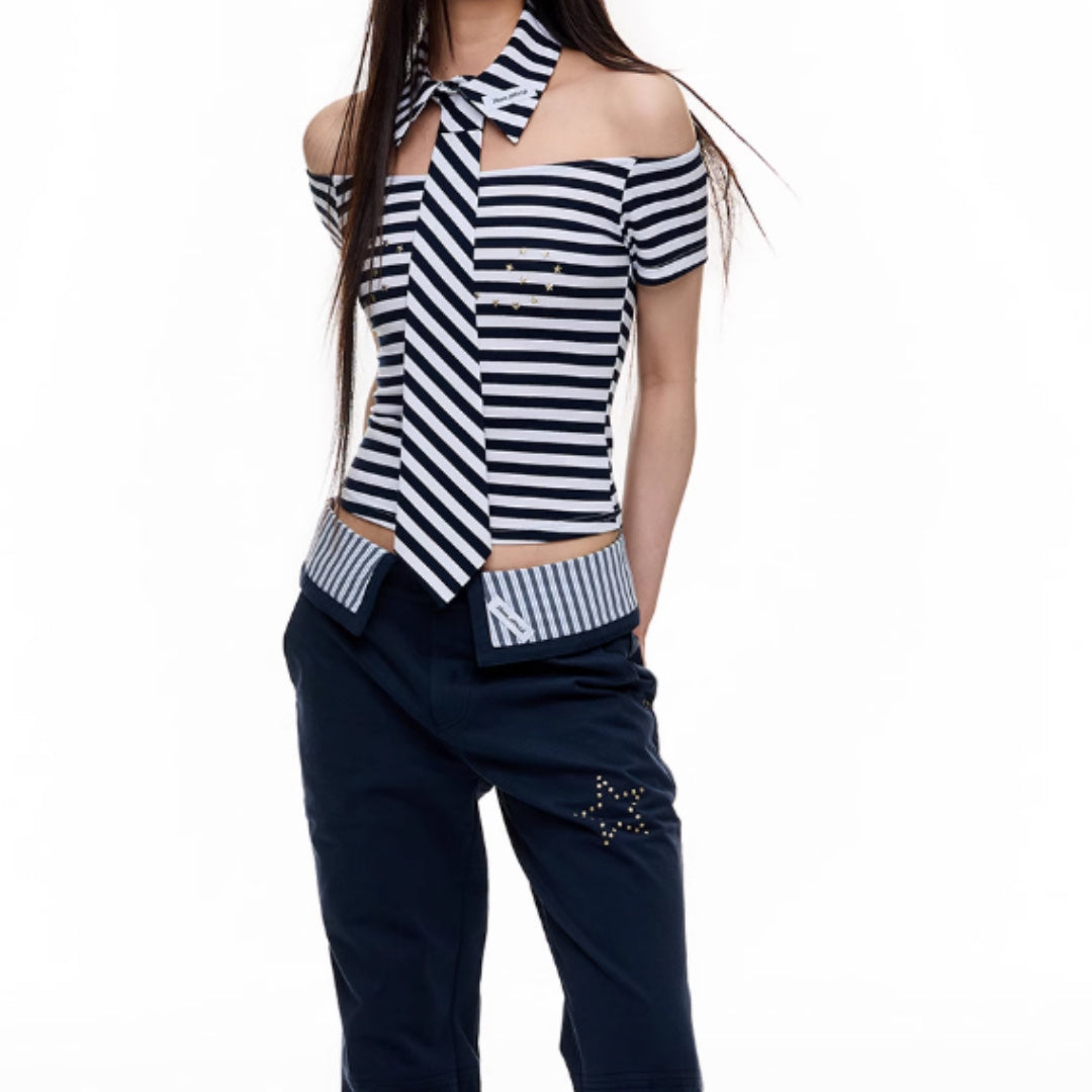 Detachable Fake Tie Striped Short Sleeved Top For Women