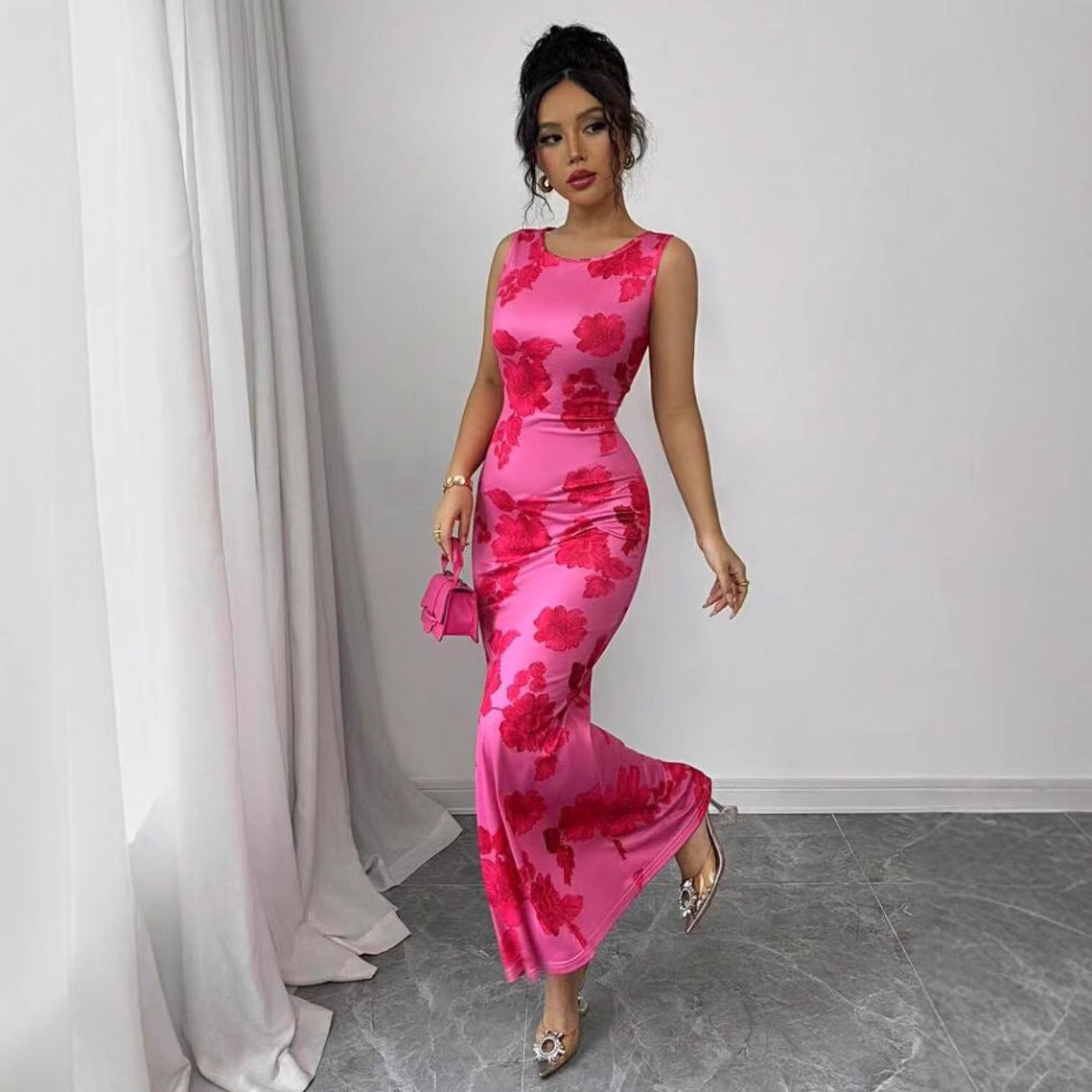 European And American Printed Sleeveless Straight Temperament Dress