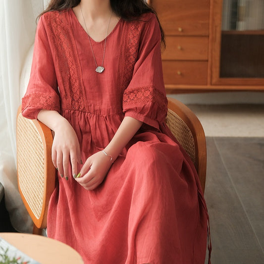 Three-quarter Sleeve Artistic Style Lace-up Dress Long V-neck Comely